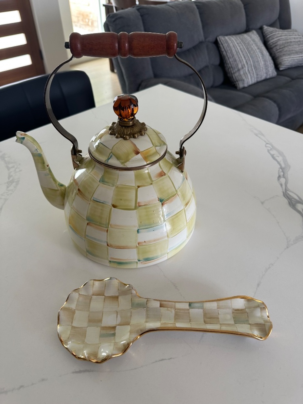 Mackenzie Childs Mocha Check Tea Kettle & Spoon Rest